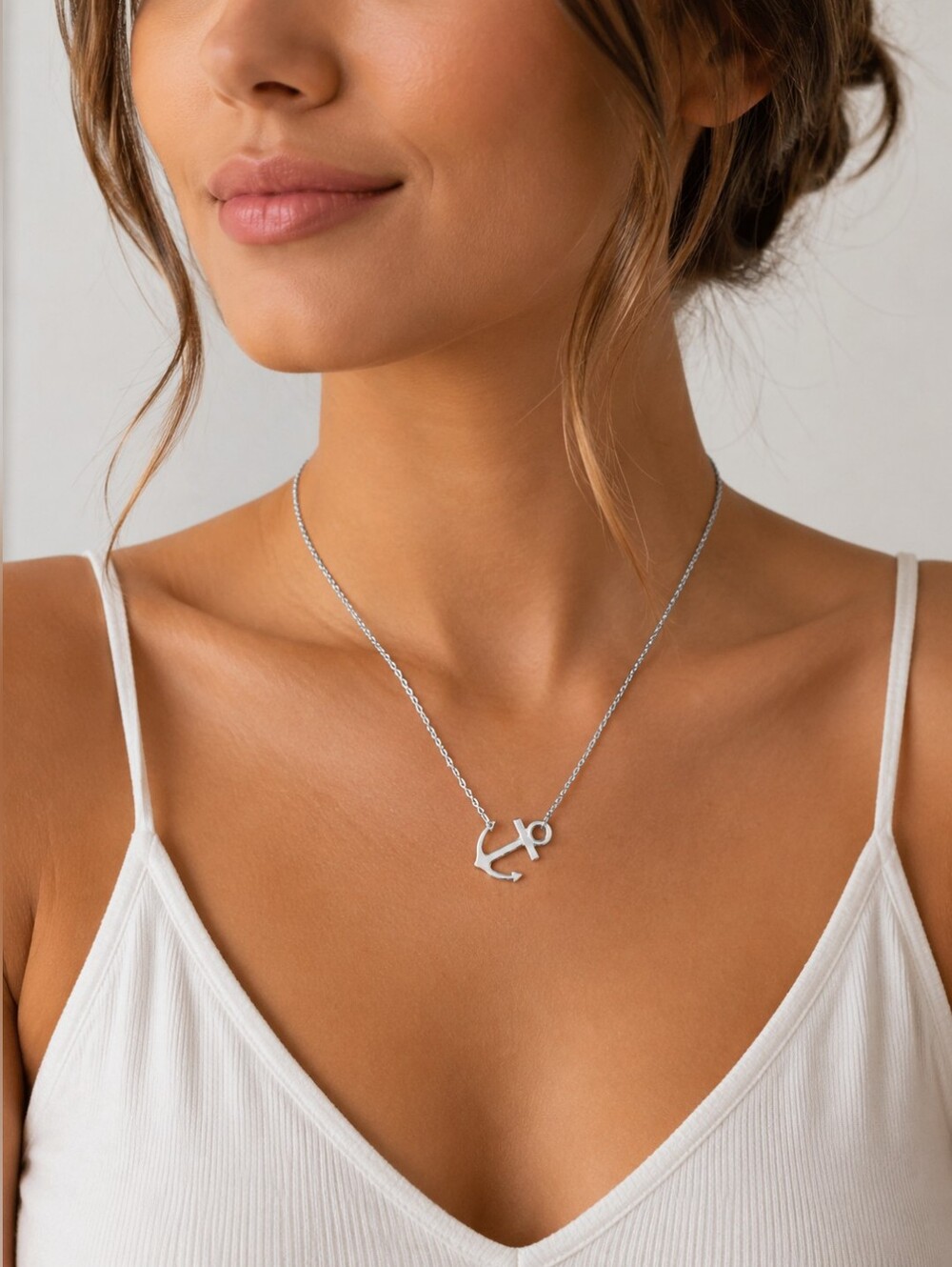 18K Silver Plated Stainless Steel Sideways Anchor Necklace Women’s 18” Chain Pen